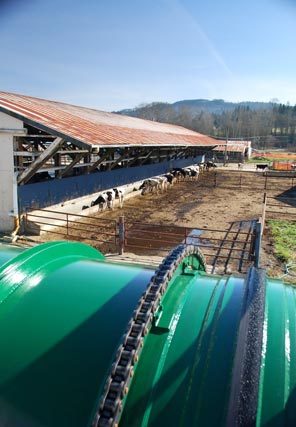 Huge rotating drums with an inside temperature of 160 degrees bake the biomass solids that emerge from the digester into compost suitable for spreading on nearby fields. Qualco hopes eventually to market the compost in area nurseries as well.